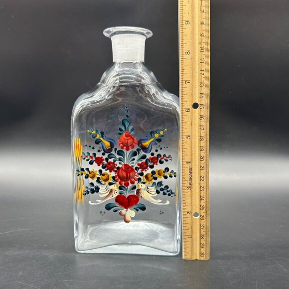 Vintage Glass Decanter Bottle Enamel Painted Floral Birds Red Yellow Blue READ - Picture 10 of 12